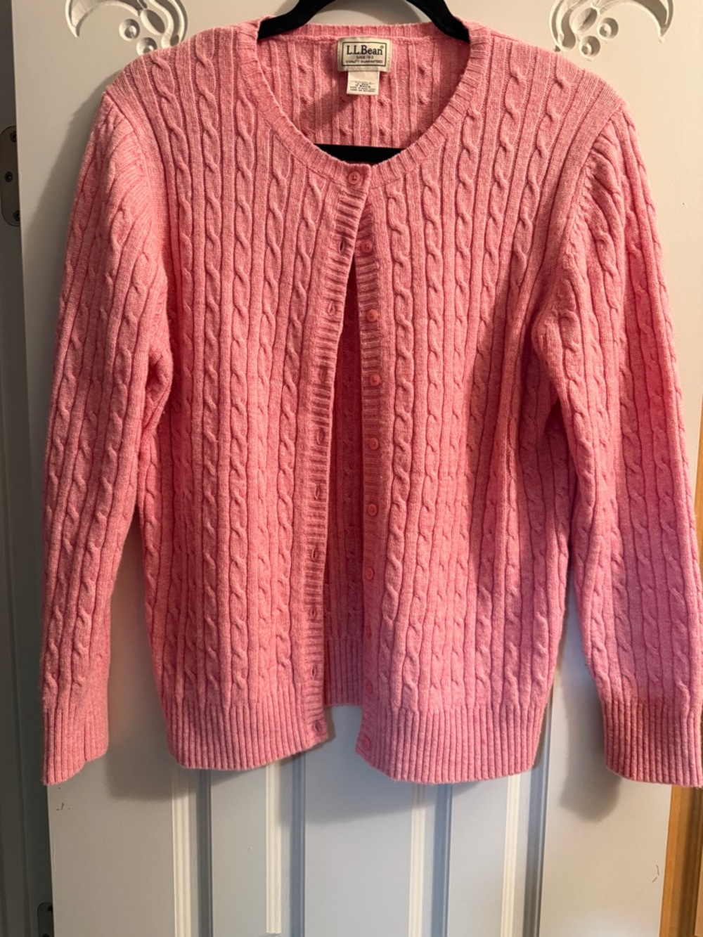 L.L. Bean Cable Knit Cardigan Pink Lambswool Button Front Large